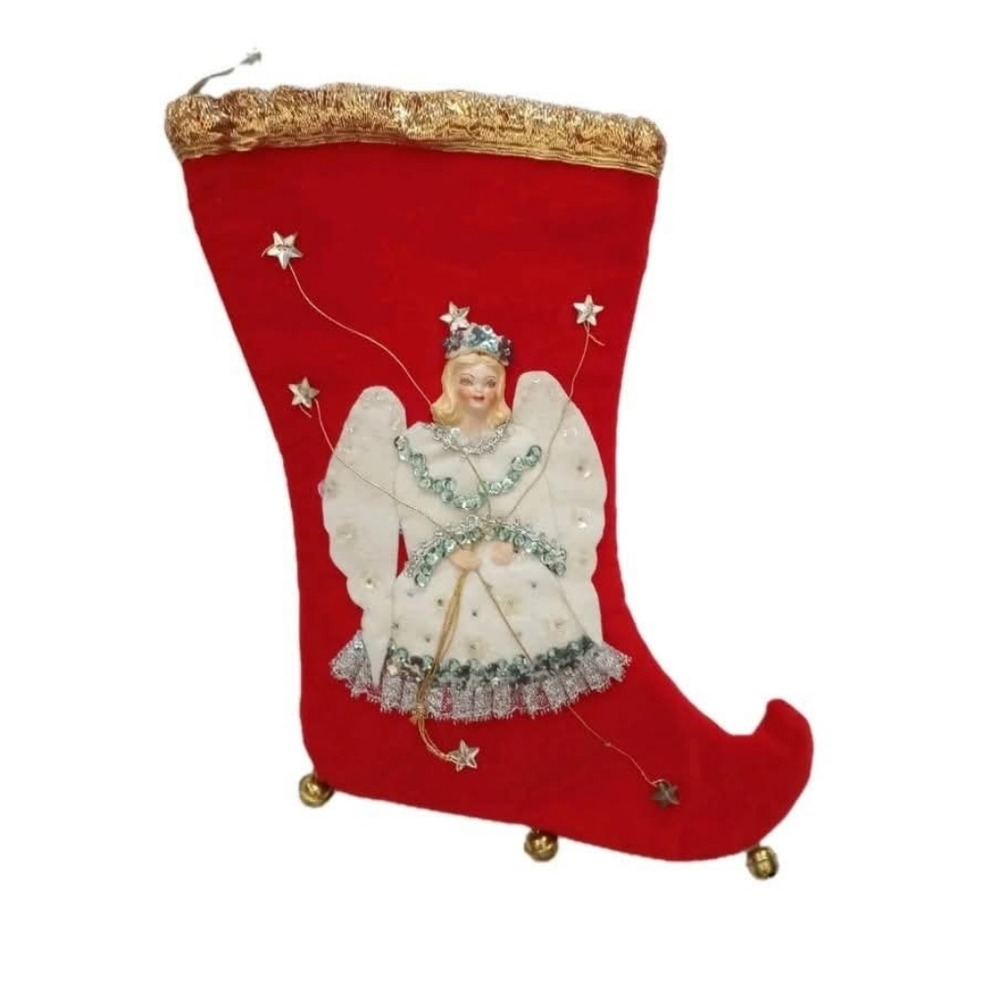 Angel Handmade Vintage Christmas Stocking Red Velvet White Silky Lining